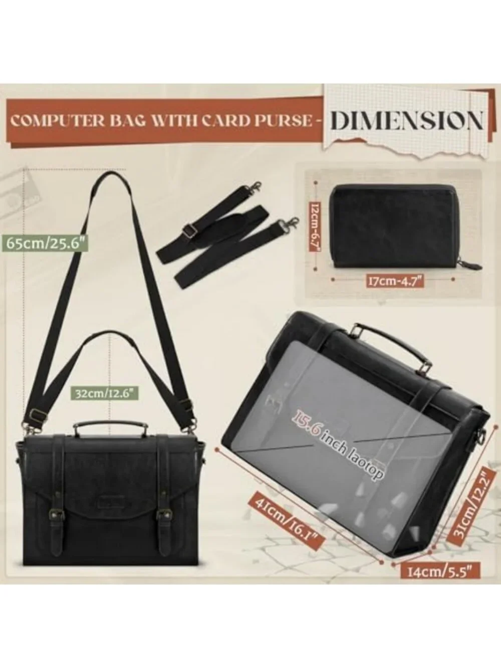 Vintage PU Leather Messenger Bag for Men, 15.6
